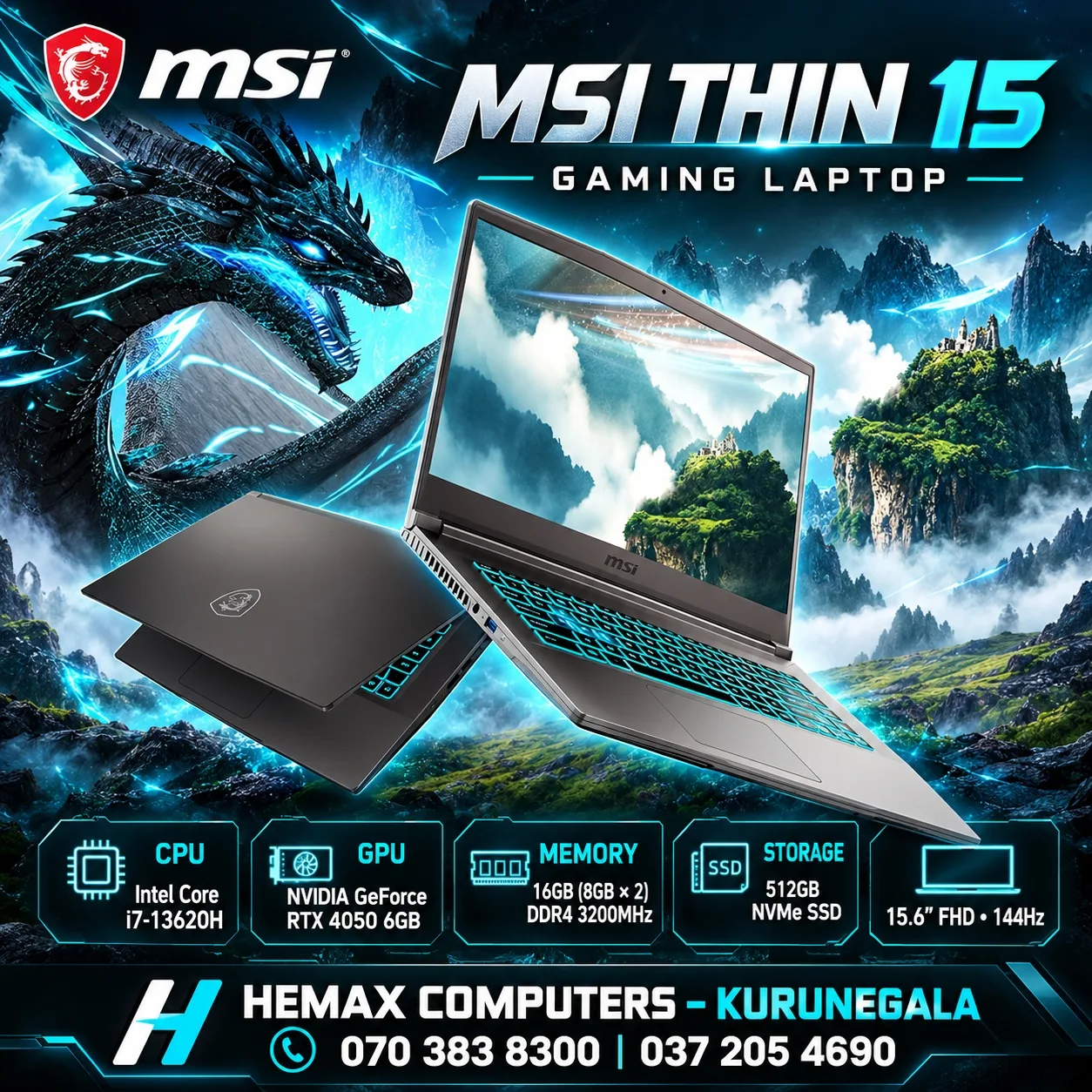 MSI Thin 15 B2RVE-3460XLK | Intel Core i7 13th Gen | 16GB DDR4 | 512GB SSD | RTX 4050 6GB | 15.6″ FHD 144Hz | DOS | Carrying Case Included