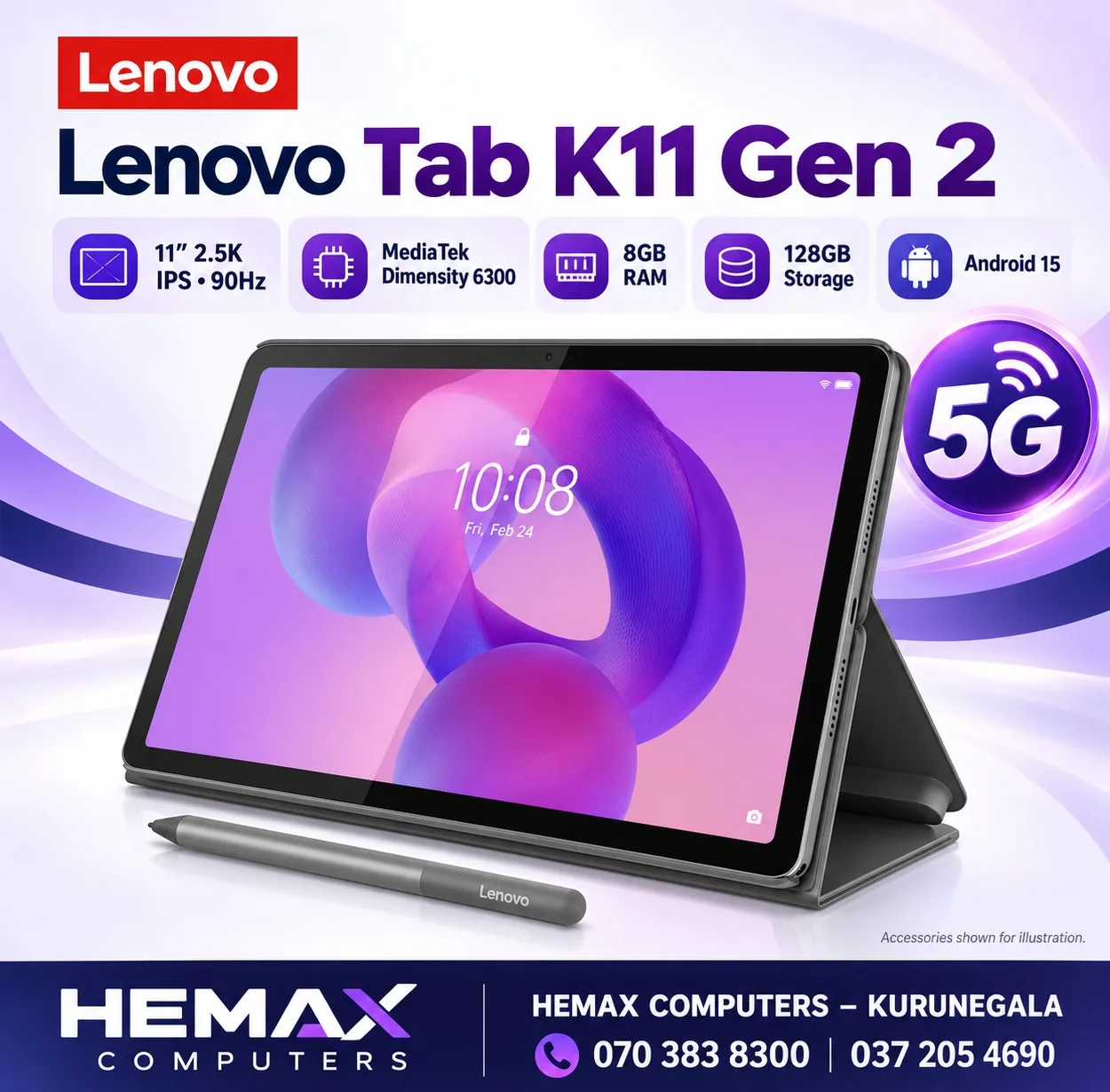 Lenovo Tab K11 Gen 2  11″ 2.5K IPS 90Hz 8GB RAM  128GB Storage  5G  Android 15