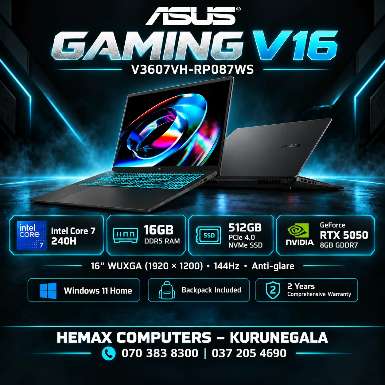 ASUS Gaming V16 | Intel Core 7 240H | 16GB DDR5 | 512GB NVMe SSD | RTX 5050 8GB GDDR7 | 16″ WUXGA 144Hz | Windows 11 Home | Backpack Included | 2-Year Comprehensive Warranty