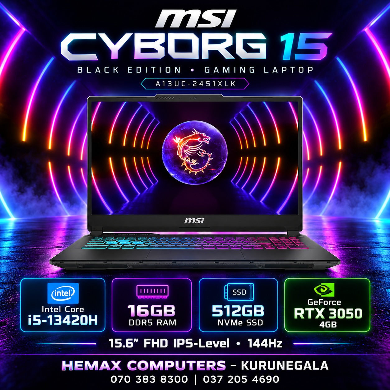 MSI Cyborg 15 Black Edition | Core i5-13420H | 16GB DDR5 | 512GB NVMe SSD | RTX 3050 4GB | 15.6″ FHD 144Hz | DOS