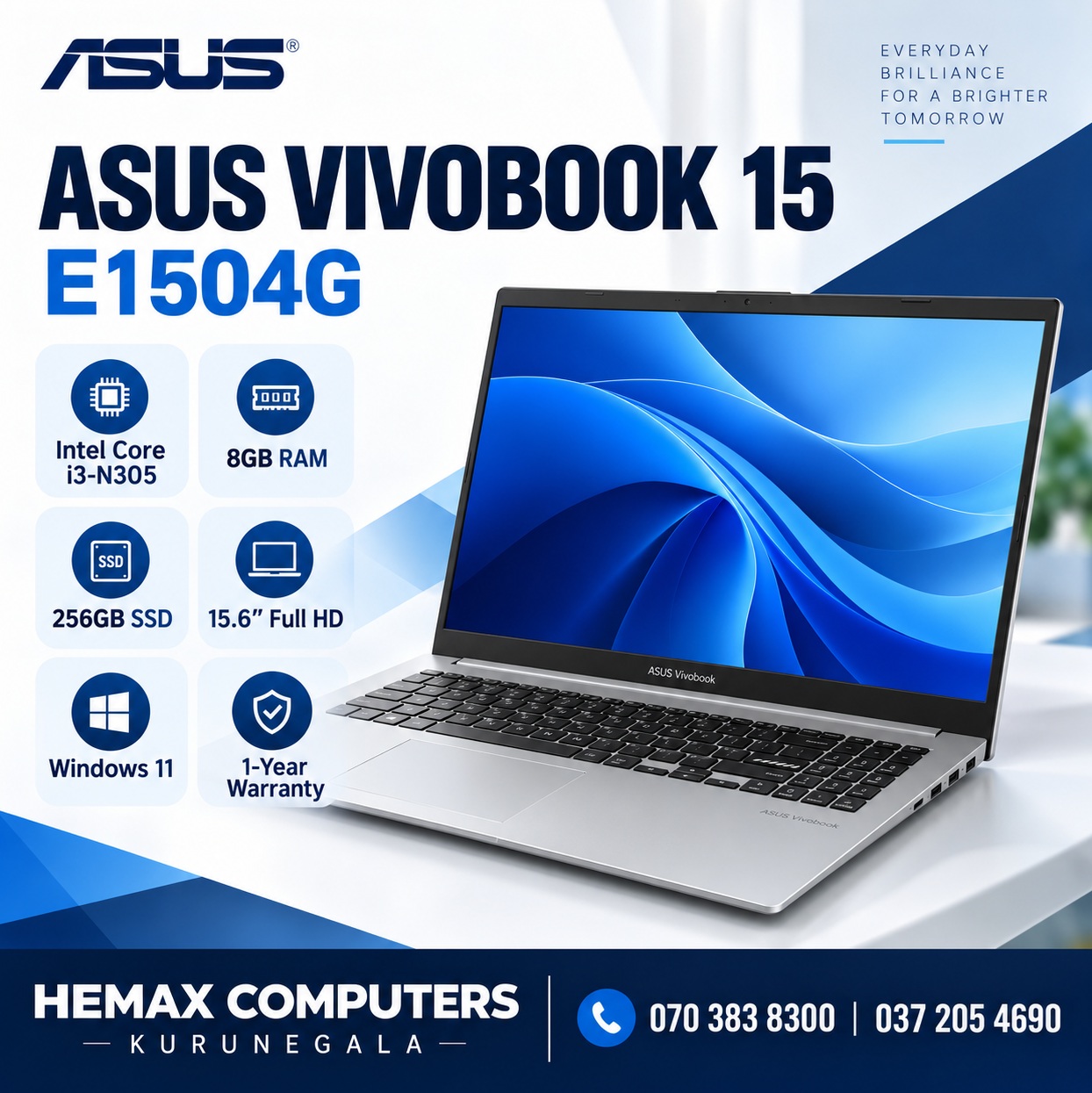 ASUS Vivobook 15 | Intel Core i3-N305 | 8GB RAM | 256GB SSD | 15.6″ Full HD | Windows 11 