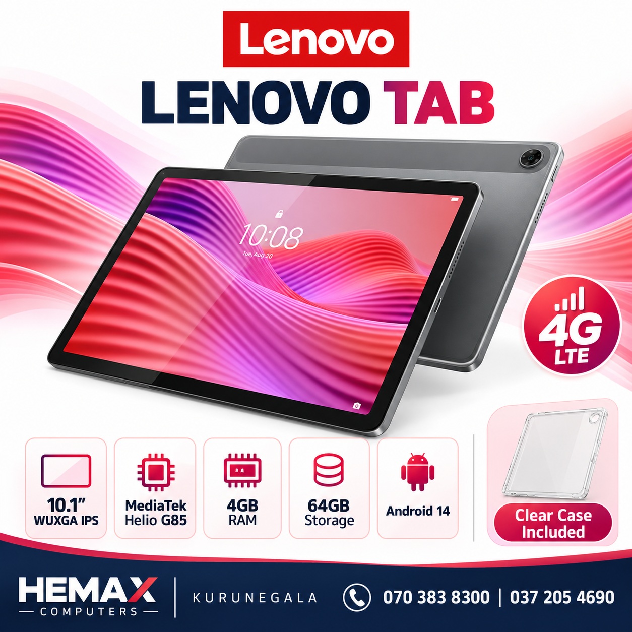 Lenovo Tab | 10.1″ WUXGA IPS | MediaTek Helio G85 | 4GB RAM | 64GB Storage | 4G LTE | Android 14 | Clear Case Included